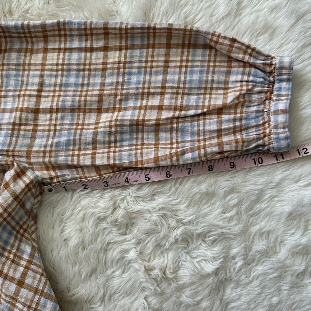 Free People Top Button Back Puff Sleeve Plaid Tan Blue S